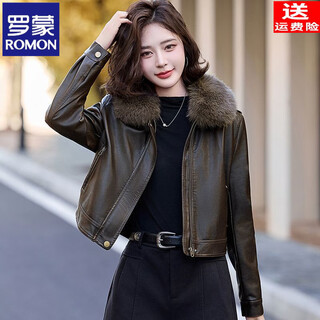 Romon fur collar leather coat plus velvet thickening jacket for women 2025 winter new fashion slim short genuine leather jacket bronze m recommended 80-95jin jin equals 0.5 kg