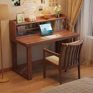 Huixun solid wood desk new thickened simple computer desk home with bookshelf writing desk bedroom student study writing desk walnut color #desk + bookshelf 120cm*60cm*75cm total height 109cm