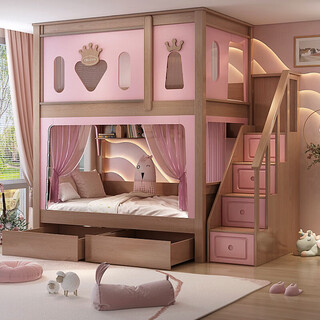 Beicai children's tree house all solid wood french medieval song style aesthetic new chinese style simple boys and girls upper and lower bunk beds, high and low beds + bookshelf + ladder cabinet 1.35*1.9 meters (upper and lower same width)