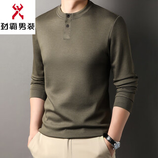 Kbxng jinba autumn button long-sleeved t-shirt men's autumn and winter versatile henley shirt with wool men's high-end chinese style loose military green 2xl 180