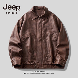 Jeep spirit jeep high-definition saddle vegetable tanned oil leather motorcycle lapel leather jacket for men 2025 autumn loose leather jacket for men, coffee color, handsome loose version