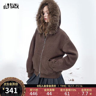 Fairy's pocket retro big fur collar silver sprinkled hooded sweater cardigan jacket women's 2025 winter new velvet top mousse gray brown s