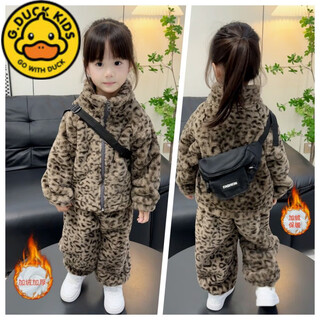 G.duck plus velvet and thickened children's two-piece set plus velvet leopard print cardigan suit parent-child imitation rabbit fur sweater coffee color-leopard print suit 140