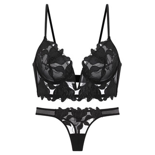 Victoria's secret french sexy lace ultra-thin underwear set push-up and secondary breast support deep v-shaped bra pure desire black s