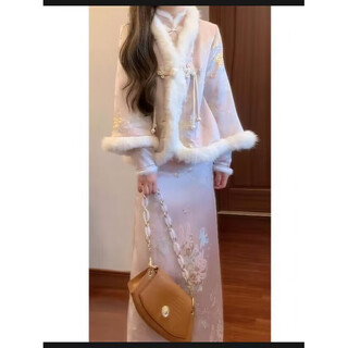 Jane deiune winter new chinese style fur collar padded short jacket & national style jacquard improved cheongsam dress set available cheongsam skirt_+ jacket l