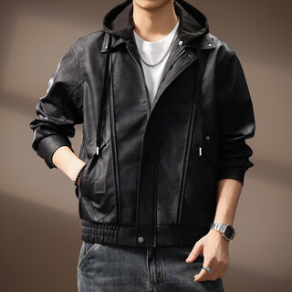 Revium high-end trendy brand motorcycle style detachable hooded pu leather jacket for men 2025 autumn and winter new tough guy retro loose jacket black m suitable for 100-120jin jin equals 0.5 kg