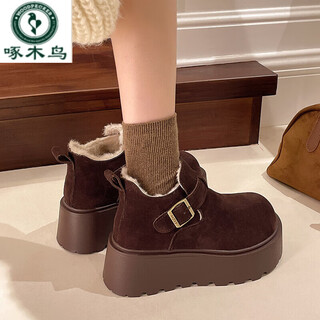 Woodpecker heightened thick-soled women's shoes snow boots women's velvet birkenstock shoes martin boots 2025 new winter warm cotton shoes short boots official store flagship/brand special-price brown 35