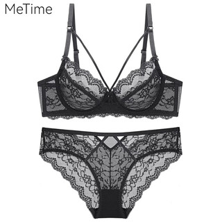 Six rabbitc light luxury brand underwear women's bra set lace transparent pure sex sexy side breast large size gift box black suit 80b