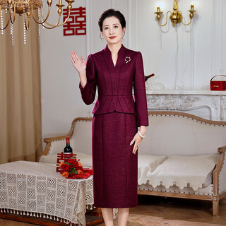Fumini high-end mother-in-law wedding banquet evening dress fake two-piece wool dress autumn and winter wear mother's wear wedding wedding dress purple l