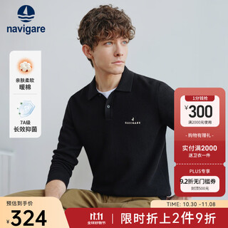Navigare italian small sail antibacterial lapel sweater men's 2025 autumn and winter new pure cotton polo collar sweater dark night black l