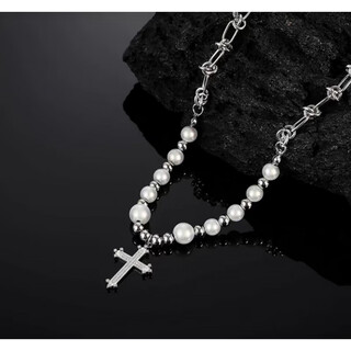 Chow tai sang necklace men's design niche pearl men's cross pendant men's style men's trendy brand accessories