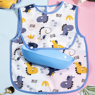 宝宝吃饭罩衣儿童围兜围裙吃饭围兜防水防脏画 画画 画无袖婴儿外 蓝恐龙+拆卸吃饭围兜 罩衣 90 cm(适合身高85-105)