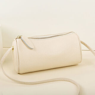 First layer cowhide 2025 new fashion genuine leather cylindrical bucket bag single shoulder crossbody women's simple trendy small bag white