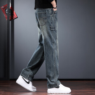 Houchen american retro men's jeans autumn and winter loose straight trousers high street washed distressed overalls handsome trendy nostalgic blue xl (150-170jin jin equals 0.5kg)