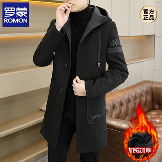 Romon autumn and winter velvet thickened windbreaker men's mid-length hooded trendy casual high-end woolen coat black 4xl 170-190jin jin equals 0.5 kg
