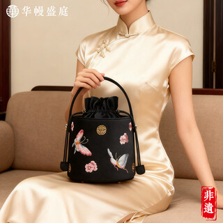 Huaman shengting car bucket bag women's embroidered bag handbag hand bag crossbody bag colorful butterfly black 16.5*16cm