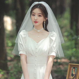 Dingjing bride wedding veil headdress forest double-layer beaded veil receipt photo props proposal wedding dress travel photography short style