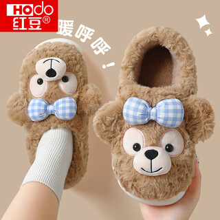 红豆儿童棉拖鞋女童2025新款室内毛绒保暖厚底防滑亲子包跟棉鞋女外穿 卡其 34 -35丨儿童码丨推荐脚长20.5CM