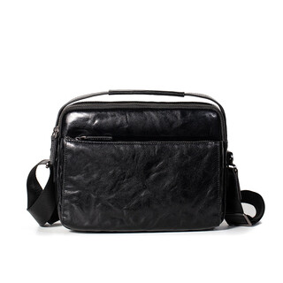 Genuine leather crossbody bag, hand-grabbed leather men's bag, first layer cowhide, large capacity shoulder bag, business casual storage, black