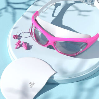 High-definition anti-fog and waterproof swimming goggles with prescription large-frame diving swimming goggles for men and women, swimming cap equipment, cherry blossom pink + white silicone cap + pink nose clip earplugs, flat