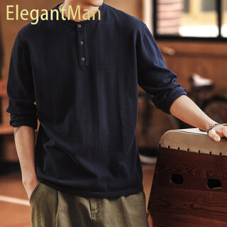 Elegantman blue deer american tough guy henry collar long sleeve sweater men's autumn and winter loose soft warm bottoming shirt navy s _suitable for 90-110jin jin is equal to 0.5 kg