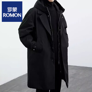 Romon 2025 autumn and winter new men's black coat men's jacket fake two-piece hooded mid-length wind clothes trendy texture classic black spring and autumn/coat/german style/large size m recommended 85-105jin jin is equal to 0.5 kg