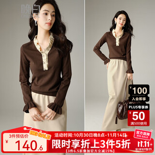 Late white new product 2025 autumn fashion simple casual sweater temperament v-neck lace elegant knitted sweater women brown s