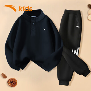 Anta long-sleeved children's sports suit 2025 winter new medium and large children's clothing knitted pullover sweatshirt two-piece trousers blue/black-2e 120