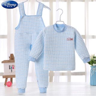 Disney autumn and winter children's quilted thickened three-layer thermal underwear for boys and girls pure cotton suspenders thermal underwear set blue shoulder opening 73 cm