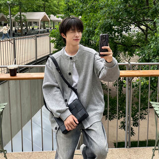 Hong kong literary men's 340g heavy cardigan thick cotton t men's autumn cleanfit solid color henry collar button coat floral gray m m