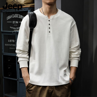 Jeep spirit spring and autumn new 2025 cotton henley collar men's sweater loose long sleeve t-shirt american top white bottoming shirt 201 white sweater xl suitable weight 145-160jin jin is equal to 0.5 kg