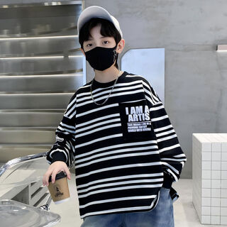 男童卫衣春秋款2025新款儿童春季中大童男孩帅气条纹圆领打底衫潮 黑色 120 120cm