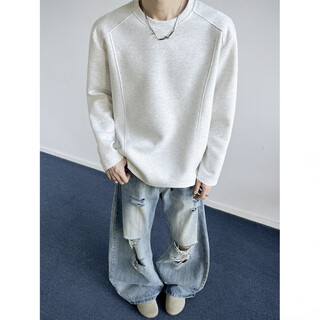 Nying american heavyweight right shoulder long-sleeved t-shirt for men in autumn and winter new trendy brand deconstructed sweatshirt large size loose inner base white gray xl (130-150jin jin equals 0.5 kg)