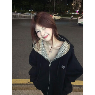 Cantu korean plaid splicing hooded sweatshirt for women in autumn and winter trendy loose casual niche versatile cardigan top jacket black l recommended 100-120jin jin equals 0.5 kg