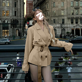 Garnuo khaki windbreaker jacket for women in spring and autumn, korean style, small, high-end, huge and good-looking, british style, waisted short coat, khaki s