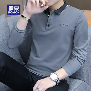 Romon long-sleeved t-shirt men's autumn newly upgraded high-end light business fashion versatile lapel polo shirt men's gray 2xl