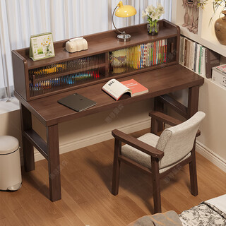 Huixun solid wood desk with bookcase storage table thickened new simple bedroom student study desk study desk black walnut color #desk + bookshelf 120cm*60cm*75cm total height 109cm