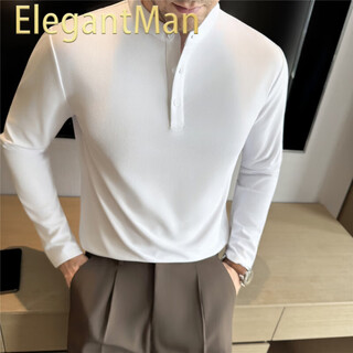 Elegantman autumn and winter henry collar long-sleeved bottoming shirt men's 2025 new color casual versatile t-shirt commuter sports top white l