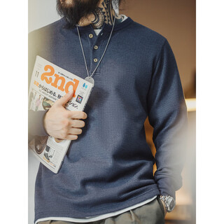 Maden vintage waffle knit henley shirt slim fit khaki solid color long-sleeved t-shirt men's spring navy_slim version recommended to go up one size s