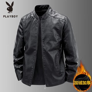 Playboy (playboy) high-end haining leather jacket men's stand-up collar plus velvet thickening slim casual trendy handsome leather jacket motorcycle jacket black bj6618 plus velvet 6xl