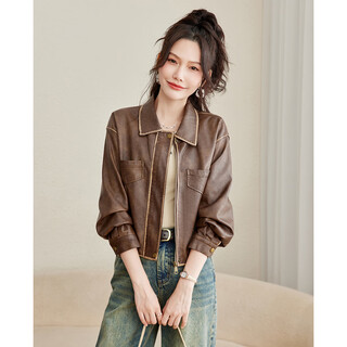 Terre bleue fashion autumn clothing 25 new retro motorcycle leather jacket lapel loose sweet cool maillard cardigan jacket