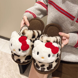 Guata beast sweet cool leopard print hello kitty comfortable cotton slippers 2025 autumn and winter outerwear soft soled warm plush plush slippers for women beige small leopard print-kt cat/cotton slippers 38-39 (suitable for feet 37-38)