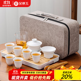Gold inlaid jade travel tea set, mutton-fat jade porcelain household ceramic white porcelain with tea tray and bowl set, gift kung fu tea set, leshui mutton-fat jade porcelain set