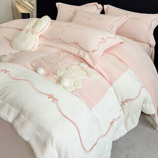 Mercury series a type full matte milk velvet four-piece set thickened appliqué embroidered quilt cover sheets sheets and fitted sheets children's autumn and winter bedding 4 type a milk velvet quick heat and warmth liangxiaozhai-pink and white 1.8m sheet style four-piece set quilt cover 200*230