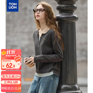Tangshi 2025 autumn women's solid color small v-neck fake two-piece long-sleeved t-shirt