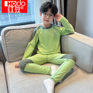 Red bean boys autumn clothes and autumn pants set 2024 new german velvet warm cotton boys spring autumn and winter medium and large children's underwear green m 140c