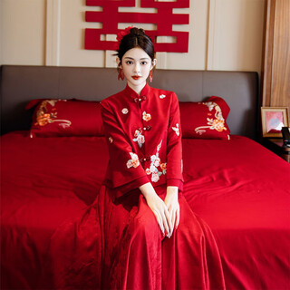 Yaoyu toast suit 2025 new chinese style bridal wedding engagement red dress skirt women's out-of-gate improved cheongsam suit red embroidery suit xl heavy embroidery