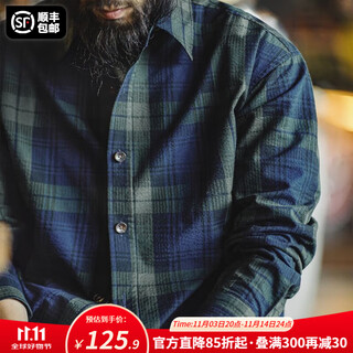 马登工装美式复古蓝绿色格子衬衫长袖纯棉肌理感薄款衬衣外套男秋 蓝绿格 M