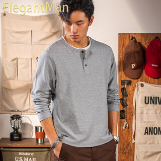 Elegantman american retro waffle henley long-sleeved t-shirt men's autumn new gray fake two-piece henry collar bottoming shirt floral gray_fake two-piece neckline design m