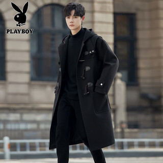 Playboy woolen coat men's mid-length horn button windbreaker 2025 new spring and autumn style british style woolen coat black 2xl